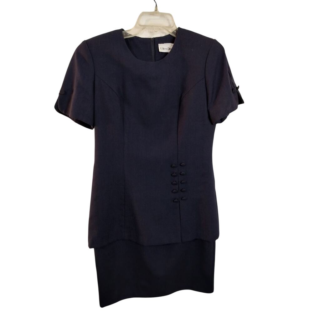 3827)Vintage Ultra Dress NY Navy Short Sleeve Layered Button Sheath Dress M?